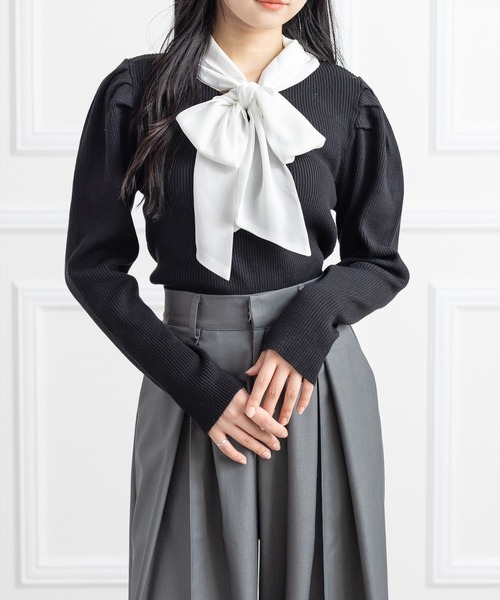 clear（クリア）の「布帛ボウタイパワショルニットトップス[大人 フェミニン 上品]（ニット/セーター・レディース・アイボリー/ブラック/グレー/ピンク・F）」の3枚目の写真