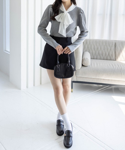 clear（クリア）の「布帛ボウタイパワショルニットトップス[大人 フェミニン 上品]（ニット/セーター・レディース・アイボリー/ブラック/グレー/ピンク・F）」の7枚目の写真