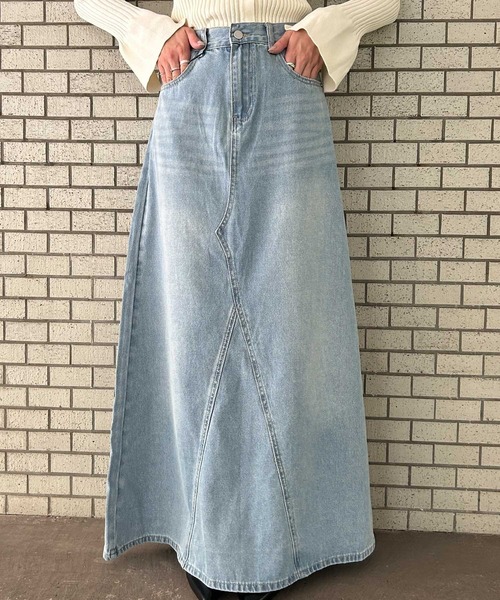Ampirula(アンピルーラ)の「デニムスカート ロング 秋 冬 ゴム Aライン フレア(デニムスカート・レディース・ブルー・S/M)」の3枚目の写真