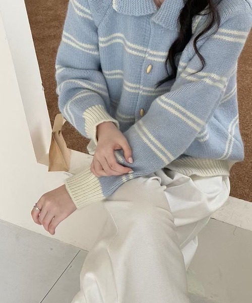 Girly Doll(ガーリードール)の「襟付きトグルボタンボーダーニットカーディガン(ニット/セーター・レディース・ベージュ/グレー/ブルー・FREE)」の5枚目の写真