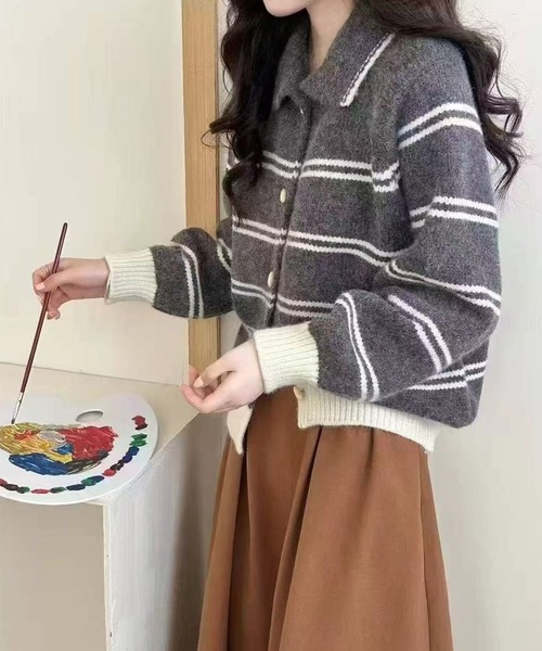 Girly Doll(ガーリードール)の「襟付きトグルボタンボーダーニットカーディガン(ニット/セーター・レディース・ベージュ/グレー/ブルー・FREE)」の6枚目の写真