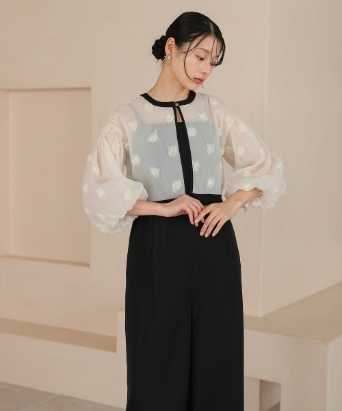 Jolie et Jolie(ジョリーエジョリー)の「【再入荷】2wayフラワーモチーフボレロオールインワンパンツドレス(パンツドレス・レディース・ブラック×グレー/ブラック×ベージュ/ブラック×ブラック・LL/S/M/L/4L/3L)」の7枚目の写真