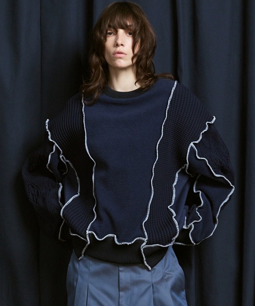 MAISON SPECIAL(メゾンスペシャル)の「《UNISEX》Sweat Docking Mellow Knit/スウェットドッキングメロウニット【MAISON SPECIAL/メゾンスペシャル】(ニット/セーター・メンズ・ネイビー/ブラック・2/1/0)」の2枚目の写真