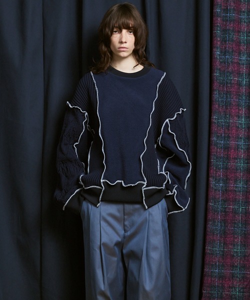 MAISON SPECIAL(メゾンスペシャル)の「《UNISEX》Sweat Docking Mellow Knit/スウェットドッキングメロウニット【MAISON SPECIAL/メゾンスペシャル】(ニット/セーター・メンズ・ネイビー/ブラック・2/1/0)」の12枚目の写真