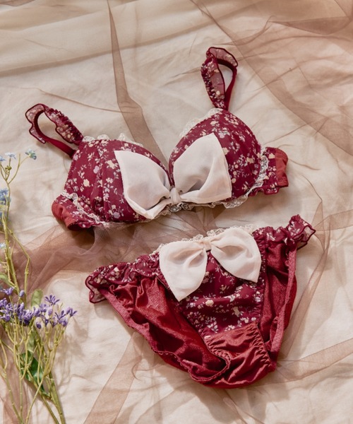セール】フラッフィー小花リボンブラジャー＆ショーツセット【ソフト