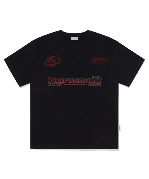 ESCAPEFROM(エスケープフロム)の「ディープレッドトーナメントビンジティロゴプリントオーバーサイズ半袖Tシャツブラック(Tシャツ/カットソー・レディース・その他・SMALL/MEDIUM/LARGE)」の1枚目の写真