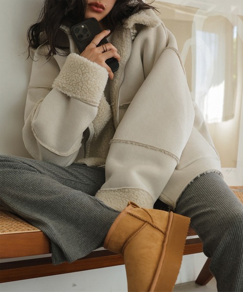 KOBE LETTUCE（コウベレタス）の「ムートンボアライダースコート（ムートンコート・レディース・アイボリー系/グレー/キャメル・M）」の5枚目の写真