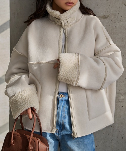 KOBE LETTUCE（コウベレタス）の「ムートンボアライダースコート（ムートンコート・レディース・アイボリー系/グレー/キャメル・M）」の6枚目の写真