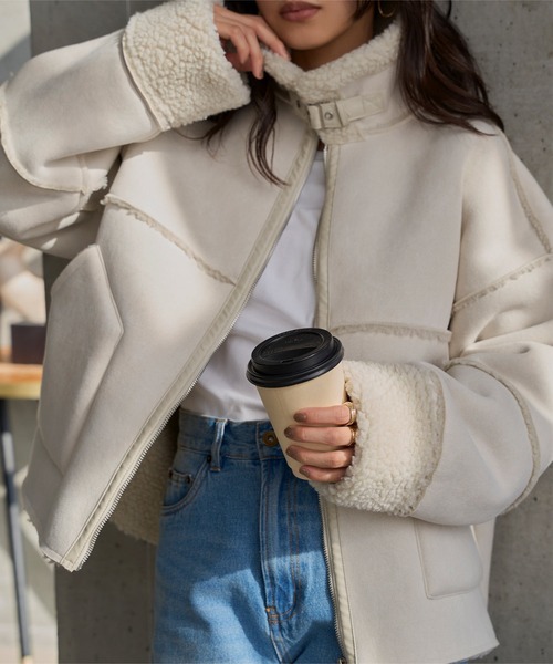 KOBE LETTUCE（コウベレタス）の「ムートンボアライダースコート（ムートンコート・レディース・アイボリー系/グレー/キャメル・M）」の7枚目の写真