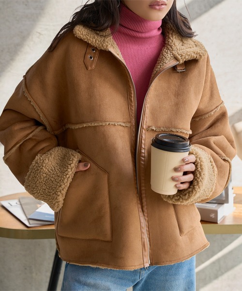 KOBE LETTUCE（コウベレタス）の「ムートンボアライダースコート（ムートンコート・レディース・アイボリー系/グレー/キャメル・M）」の8枚目の写真