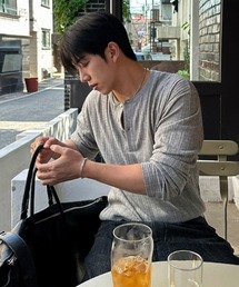 【NOWLE】ワッフル テクスチャー ヘンリーネック 長袖Tシャツ