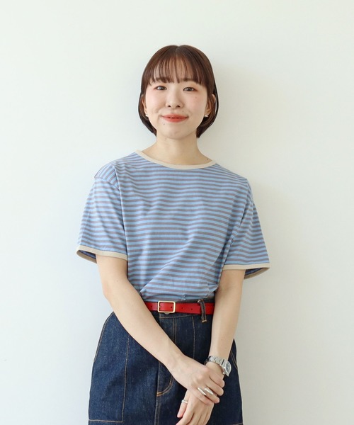 PAR ICI（パーリッシィ）の「ボーダー配色バインダー 半袖Tシャツ【SEASON COLOR】（Tシャツ/カットソー・レディース・ブラック/ダークブラウン/カーキ/マスタード/グリーン系その他/イエロー/ピンク系その他/アイボリー/ブルー系その他・FREE）」の6枚目の写真