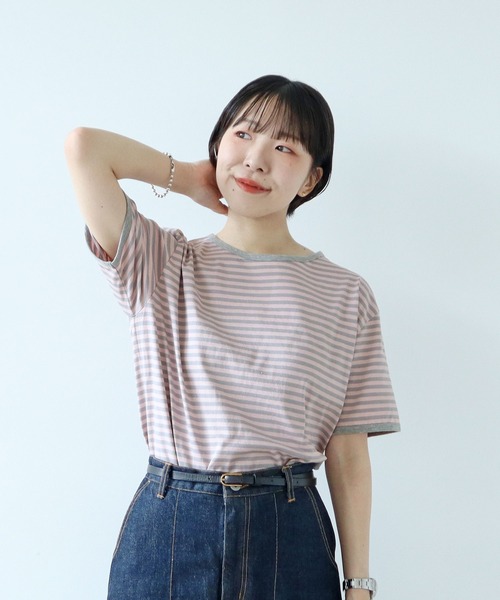 PAR ICI（パーリッシィ）の「ボーダー配色バインダー 半袖Tシャツ【SEASON COLOR】（Tシャツ/カットソー・レディース・ブラック/ダークブラウン/カーキ/マスタード/グリーン系その他/イエロー/ピンク系その他/アイボリー/ブルー系その他・FREE）」の11枚目の写真