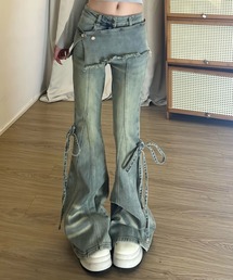 サイドリボンデニムフレアパンツ