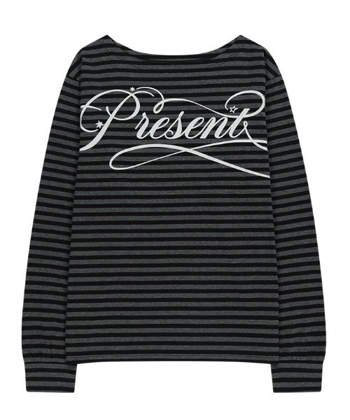 MAHAGRID(マハグリッド)の「『mahagrid/マハグリッド』 STRIPE PRESENT ONE SHOULDER LS TEE/プレゼント ロゴ ワンショルダー長袖Tシャツ(Tシャツ/カットソー・レディース・グレー/チャコールグレー・FREE)」の6枚目の写真