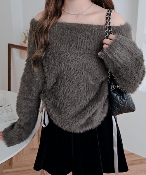 kirakiraShop(キラキラショップ)の「シャギー オフショルダー リボン ニット トップス(ニット/セーター・レディース・ブラック/チャコール/ホワイト/ピンク・FREE)」の22枚目の写真