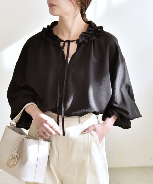 セール】quaranciel:〈洗濯機可能〉フリルカラー リボン ギャザー