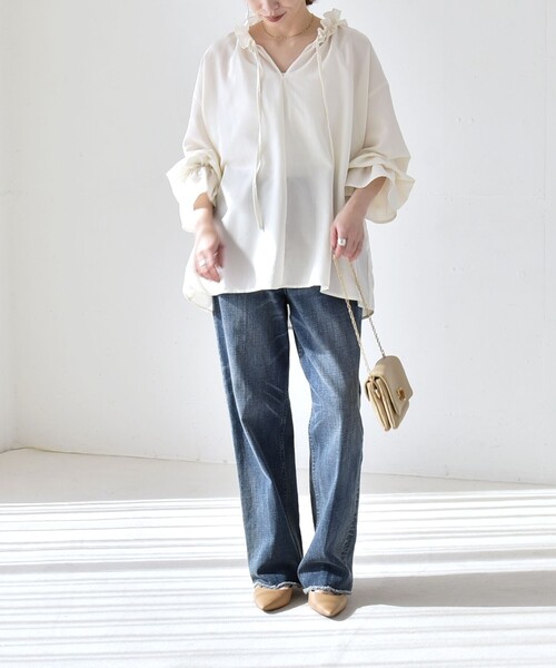 quaranciel(カランシエル)の「quaranciel:〈洗濯機可能〉フリルカラー リボン ギャザースリーブ ブラウス(シャツ/ブラウス・レディース・ライトブルー/ホワイト/ブラウン/ブラック・ONE SIZE)」の14枚目の写真