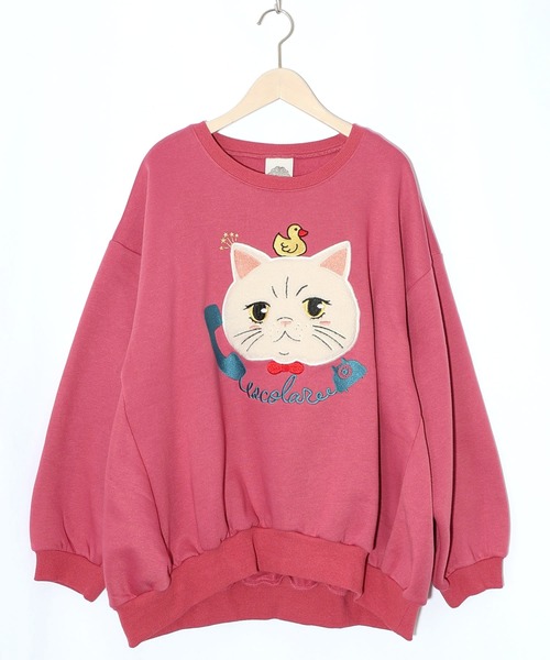 ScoLar(スカラー)の「153768:ネコのボアアップリケ×刺繍 裏起毛プルオーバー(Tシャツ/カットソー・レディース・ブラック/グリーン/ピンク・M)」の1枚目の写真