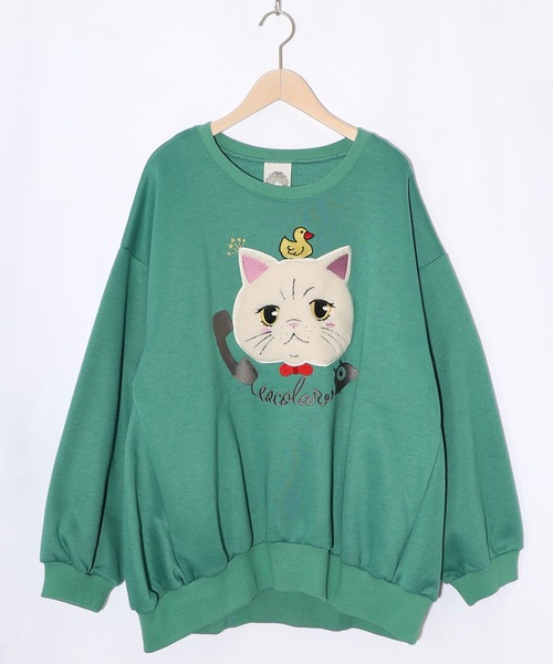 ScoLar(スカラー)の「153768:ネコのボアアップリケ×刺繍 裏起毛プルオーバー(Tシャツ/カットソー・レディース・ブラック/グリーン/ピンク・M)」の3枚目の写真