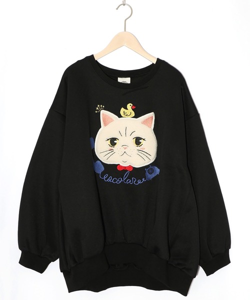 ScoLar(スカラー)の「153768:ネコのボアアップリケ×刺繍 裏起毛プルオーバー(Tシャツ/カットソー・レディース・ブラック/グリーン/ピンク・M)」の10枚目の写真