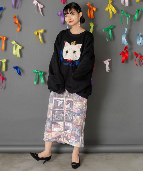 ScoLar(スカラー)の「153768:ネコのボアアップリケ×刺繍 裏起毛プルオーバー(Tシャツ/カットソー・レディース・ブラック/グリーン/ピンク・M)」の6枚目の写真