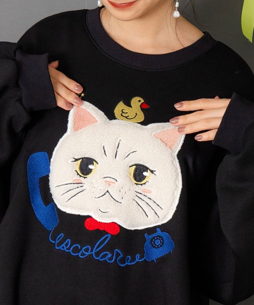 ScoLar(スカラー)の「153768:ネコのボアアップリケ×刺繍 裏起毛プルオーバー(Tシャツ/カットソー・レディース・ブラック/グリーン/ピンク・M)」の9枚目の写真
