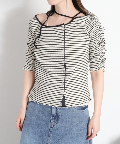 cepo(セポ)の「袖ギャザーアシメデザインカーディガン(Tシャツ/カットソー・レディース・ブラック系その他/ホワイト系その他・M)」の1枚目の写真