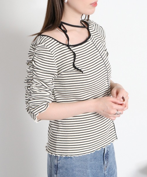 cepo(セポ)の「袖ギャザーアシメデザインカーディガン(Tシャツ/カットソー・レディース・ブラック系その他/ホワイト系その他・M)」の11枚目の写真
