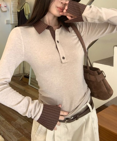 Vipoa(ヴィポア)の「check polo slim tee(Tシャツ/カットソー・レディース・カーキ/ベージュ・FREE)」の1枚目の写真