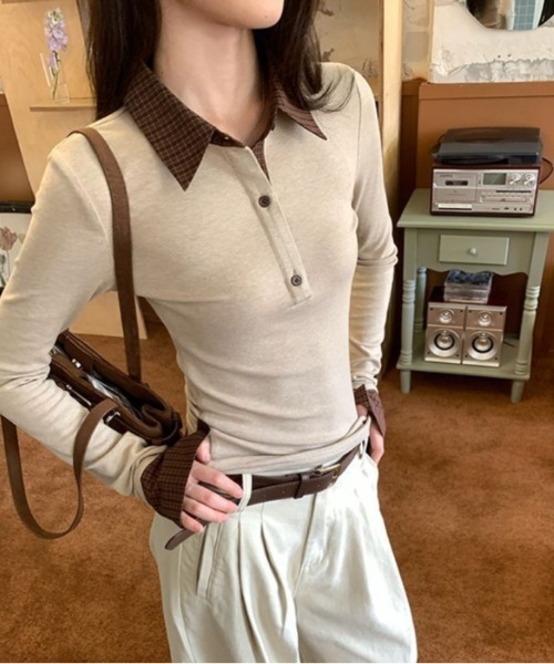Vipoa(ヴィポア)の「check polo slim tee(Tシャツ/カットソー・レディース・カーキ/ベージュ・FREE)」の3枚目の写真