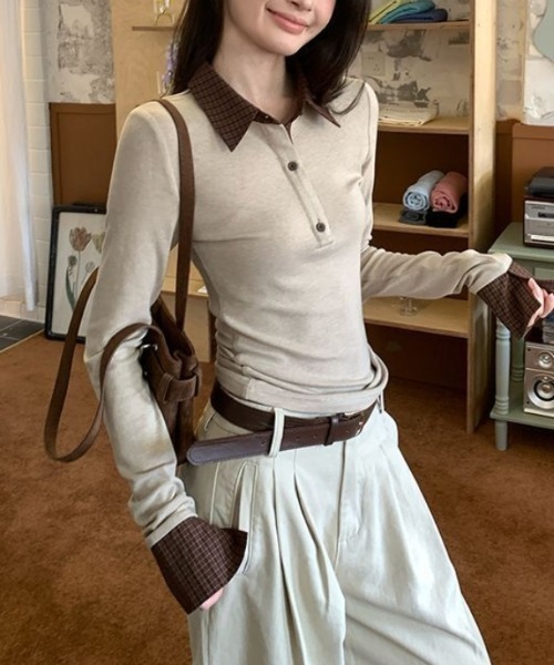 Vipoa(ヴィポア)の「check polo slim tee(Tシャツ/カットソー・レディース・カーキ/ベージュ・FREE)」の5枚目の写真