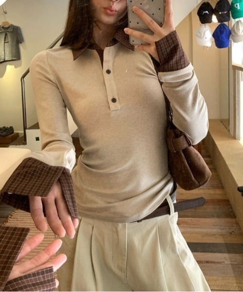 Vipoa(ヴィポア)の「check polo slim tee(Tシャツ/カットソー・レディース・カーキ/ベージュ・FREE)」の7枚目の写真