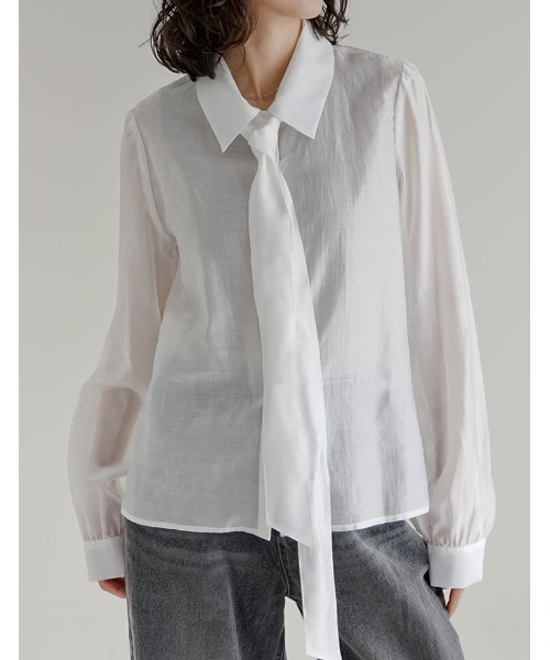 Re:EDIT（リエディ）の「[2026S/S PRE ORDER]マルチウェイドットor無地リボンタイ付きシアーシャツ（シャツ/ブラウス・レディース・ホワイト系その他/ホワイト/イエロー/ブラック系その他/ブラック・LARGE/MEDIUM）」の2枚目の写真