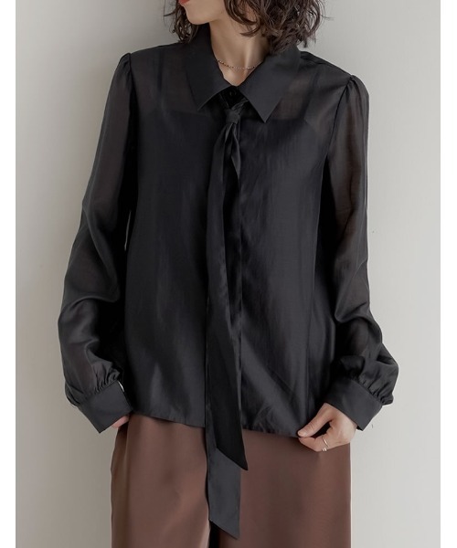 Re:EDIT（リエディ）の「[2026S/S PRE ORDER]マルチウェイドットor無地リボンタイ付きシアーシャツ（シャツ/ブラウス・レディース・ホワイト系その他/ホワイト/イエロー/ブラック系その他/ブラック・LARGE/MEDIUM）」の4枚目の写真