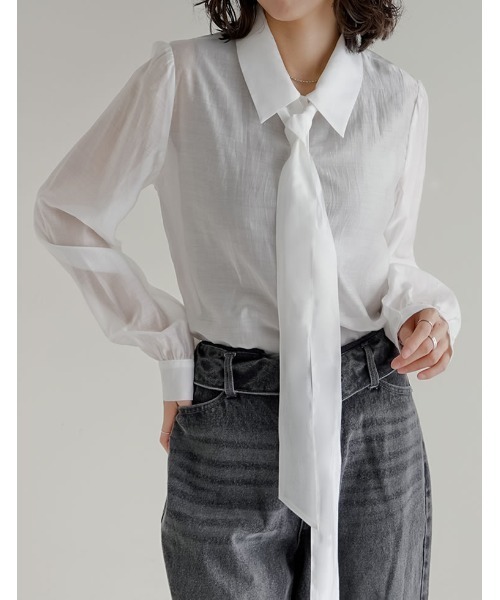 Re:EDIT（リエディ）の「[2026S/S PRE ORDER]マルチウェイドットor無地リボンタイ付きシアーシャツ（シャツ/ブラウス・レディース・ホワイト系その他/ホワイト/イエロー/ブラック系その他/ブラック・LARGE/MEDIUM）」の15枚目の写真