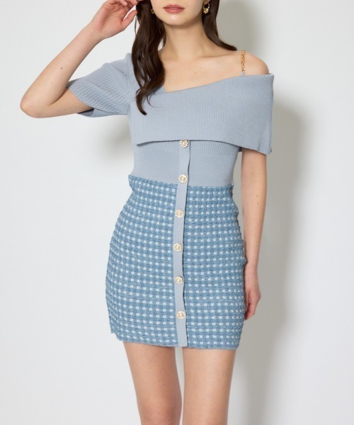 rienda(リエンダ)の「アシンメトリーツイードミニニットワンピース 春服(ワンピース・レディース・ブルー/ブラック/ホワイト・FREE)」の3枚目の写真