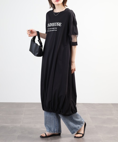 EGLANTINE(エグランティーヌ)の「EGLANTINE ロゴ入りカットワンピース 半端袖(ワンピース・レディース・ブルー/チャコールグレー/ブラック・40)」の7枚目の写真