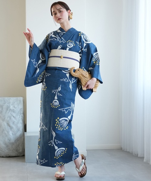 手染め注染浴衣3点セット utatane×注染工房 赤坂紬 青藍に黄色の花灯