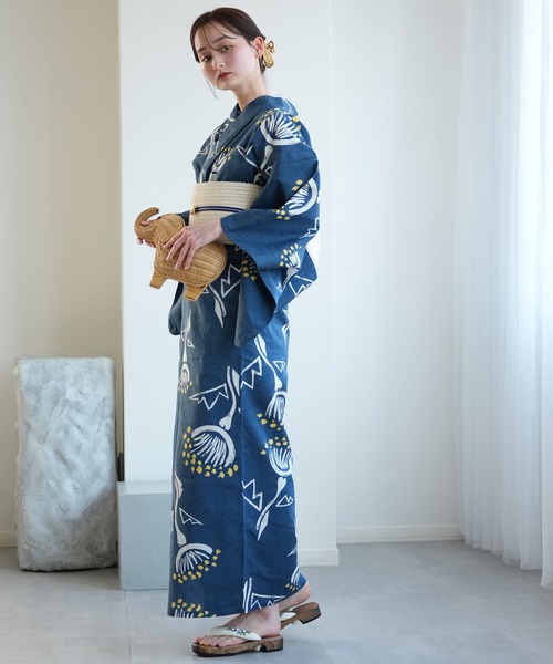 手染め注染浴衣3点セット utatane×注染工房 赤坂紬 青藍に黄色の花灯