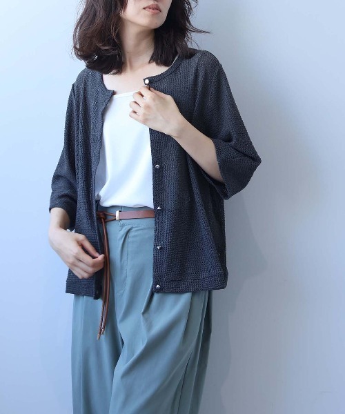 leswel（レスウェル）の「【M～5L】【速乾】【ｾｯﾄｱｯﾌﾟ可】シャーリングメッシュカーディガン（Tシャツ/カットソー・レディース・チャコールグレー/ライトグレー/ブラウン・M/L/LL/3L/4L/5L）」の2枚目の写真