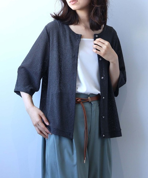 leswel（レスウェル）の「【M～5L】【速乾】【ｾｯﾄｱｯﾌﾟ可】シャーリングメッシュカーディガン（Tシャツ/カットソー・レディース・チャコールグレー/ライトグレー/ブラウン・M/L/LL/3L/4L/5L）」の7枚目の写真