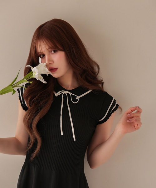M DOLLY(エムドリー)の「Frill sleeves hallie line knit mini dress / フリルスリーブハリーラインニットミニドレス(ワンピース・レディース・ブラック/ホワイト/ネイビー・FREE)」の5枚目の写真