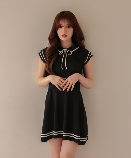 M DOLLY(エムドリー)の「Frill sleeves hallie line knit mini dress / フリルスリーブハリーラインニットミニドレス(ワンピース・レディース・ブラック/ホワイト/ネイビー・FREE)」の6枚目の写真