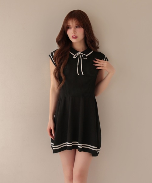 M DOLLY(エムドリー)の「Frill sleeves hallie line knit mini dress / フリルスリーブハリーラインニットミニドレス(ワンピース・レディース・ブラック/ホワイト/ネイビー・FREE)」の7枚目の写真