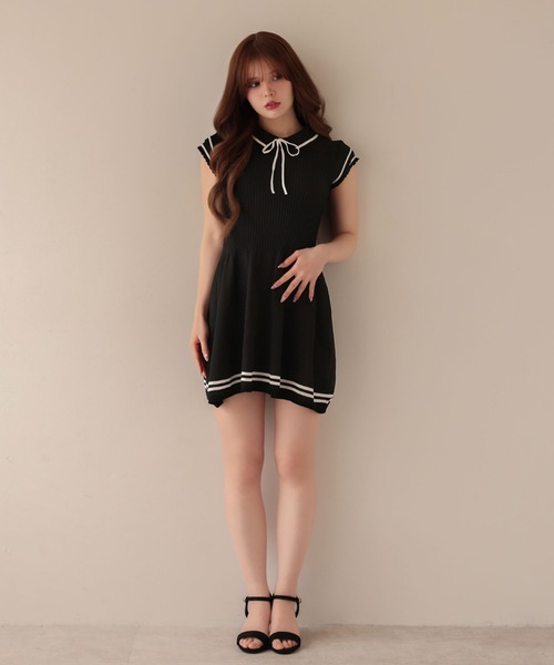 M DOLLY(エムドリー)の「Frill sleeves hallie line knit mini dress / フリルスリーブハリーラインニットミニドレス(ワンピース・レディース・ブラック/ホワイト/ネイビー・FREE)」の9枚目の写真