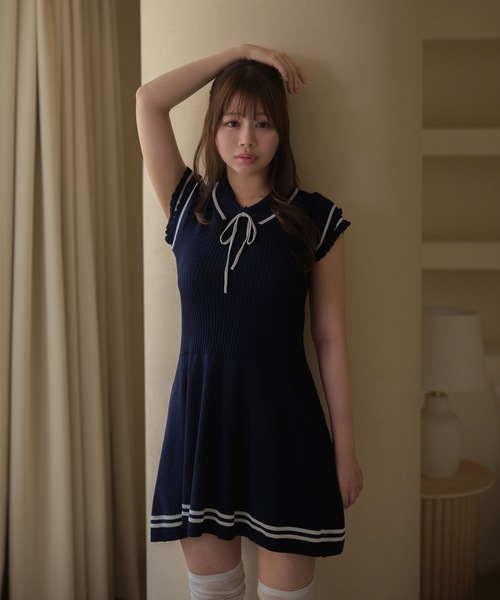 M DOLLY(エムドリー)の「Frill sleeves hallie line knit mini dress / フリルスリーブハリーラインニットミニドレス(ワンピース・レディース・ブラック/ホワイト/ネイビー・FREE)」の11枚目の写真