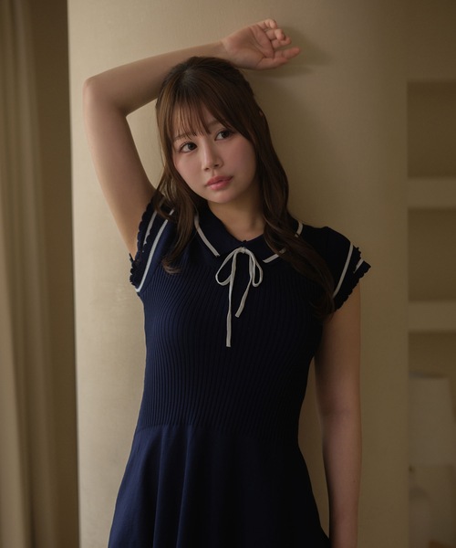 M DOLLY(エムドリー)の「Frill sleeves hallie line knit mini dress / フリルスリーブハリーラインニットミニドレス(ワンピース・レディース・ブラック/ホワイト/ネイビー・FREE)」の12枚目の写真