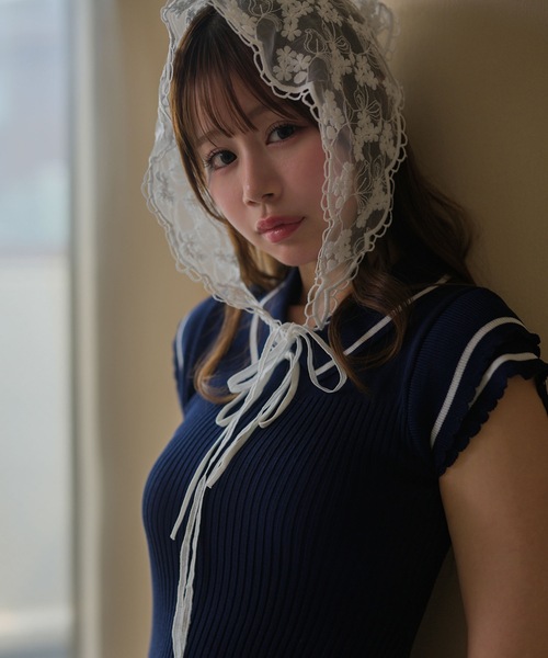 M DOLLY(エムドリー)の「Frill sleeves hallie line knit mini dress / フリルスリーブハリーラインニットミニドレス(ワンピース・レディース・ブラック/ホワイト/ネイビー・FREE)」の15枚目の写真