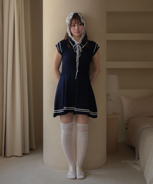 M DOLLY(エムドリー)の「Frill sleeves hallie line knit mini dress / フリルスリーブハリーラインニットミニドレス(ワンピース・レディース・ブラック/ホワイト/ネイビー・FREE)」の16枚目の写真